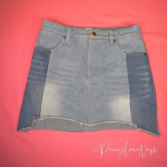 Wild Honey Two Tone Step Hem Denim Mini Skirt - Picture 3 of 9